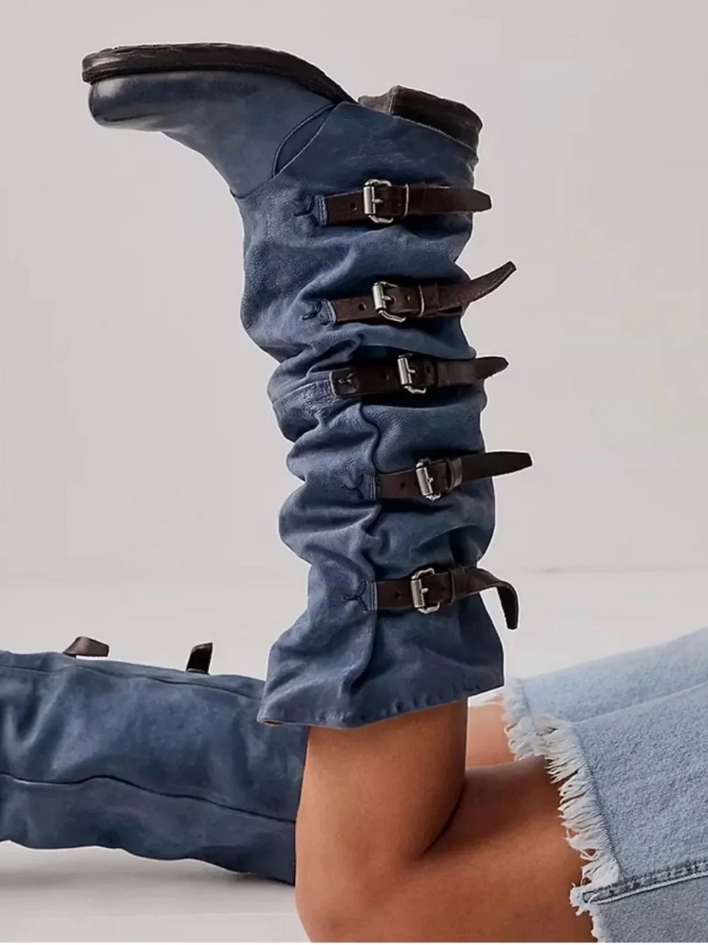 A.S.98 Blue Over-the-Knee Slouch Boots with Brown Buckle Straps - Picture 2 of 4